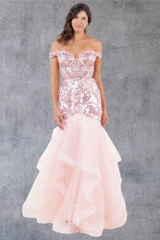 Elegant Blush Off-Shoulder Sequin Prom Dress with Tulle Skirt