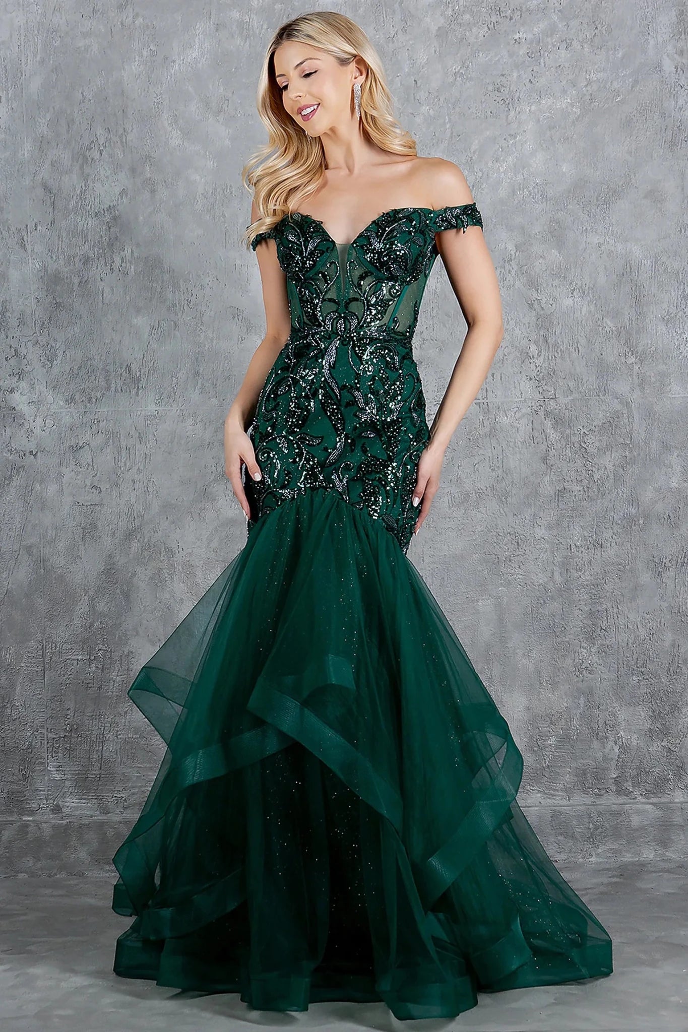 Hunter Green evening dress with off-the-shoulder neckline and fitted bodice