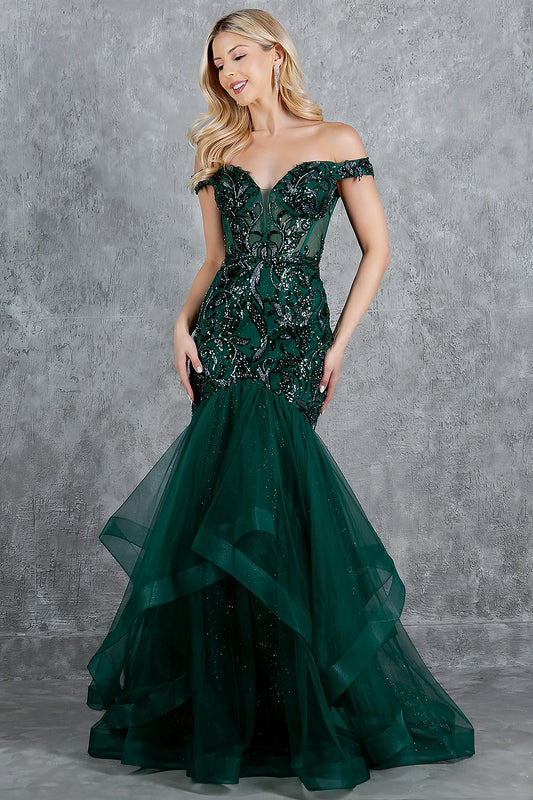 Elegant Hunter Green Off-Shoulder Sequin Prom Dress with Tulle