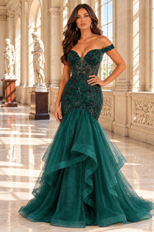 Shown in a front view, the Hunter Green prom and evening dress has off-shoulder lace bodice and layered ruffle mermaid skirt.