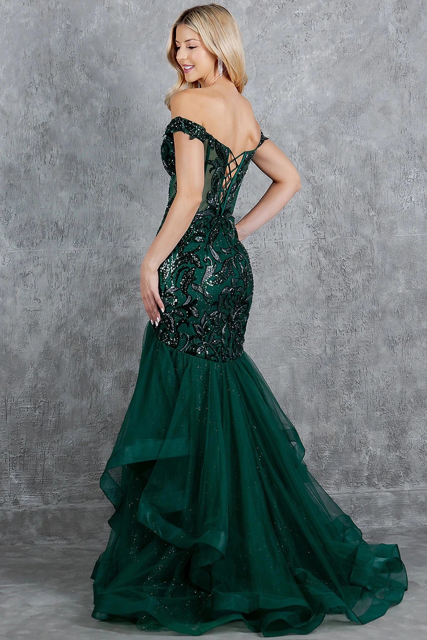 Hunter Green evening dress completed with lace-up back and zipper closure