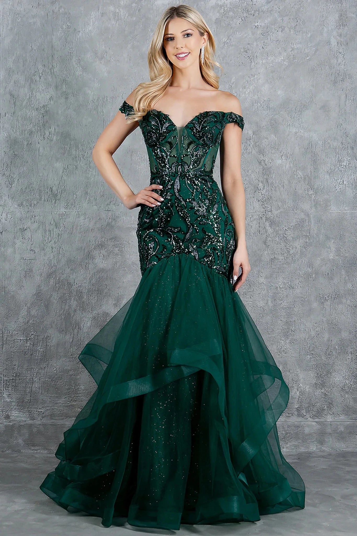Hunter Green evening dress styled with plunging neckline and sheer illusion mesh