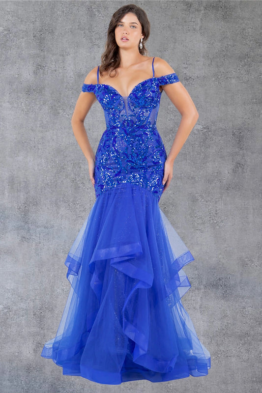 Elegant Royal Off-Shoulder Sequin Prom Dress with Tulle Skirt