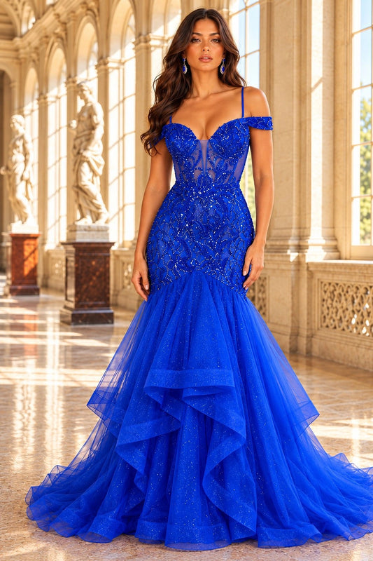Shown in a front view, the Royal Blue prom and evening dress has off-shoulder lace bodice and layered tulle mermaid skirt.