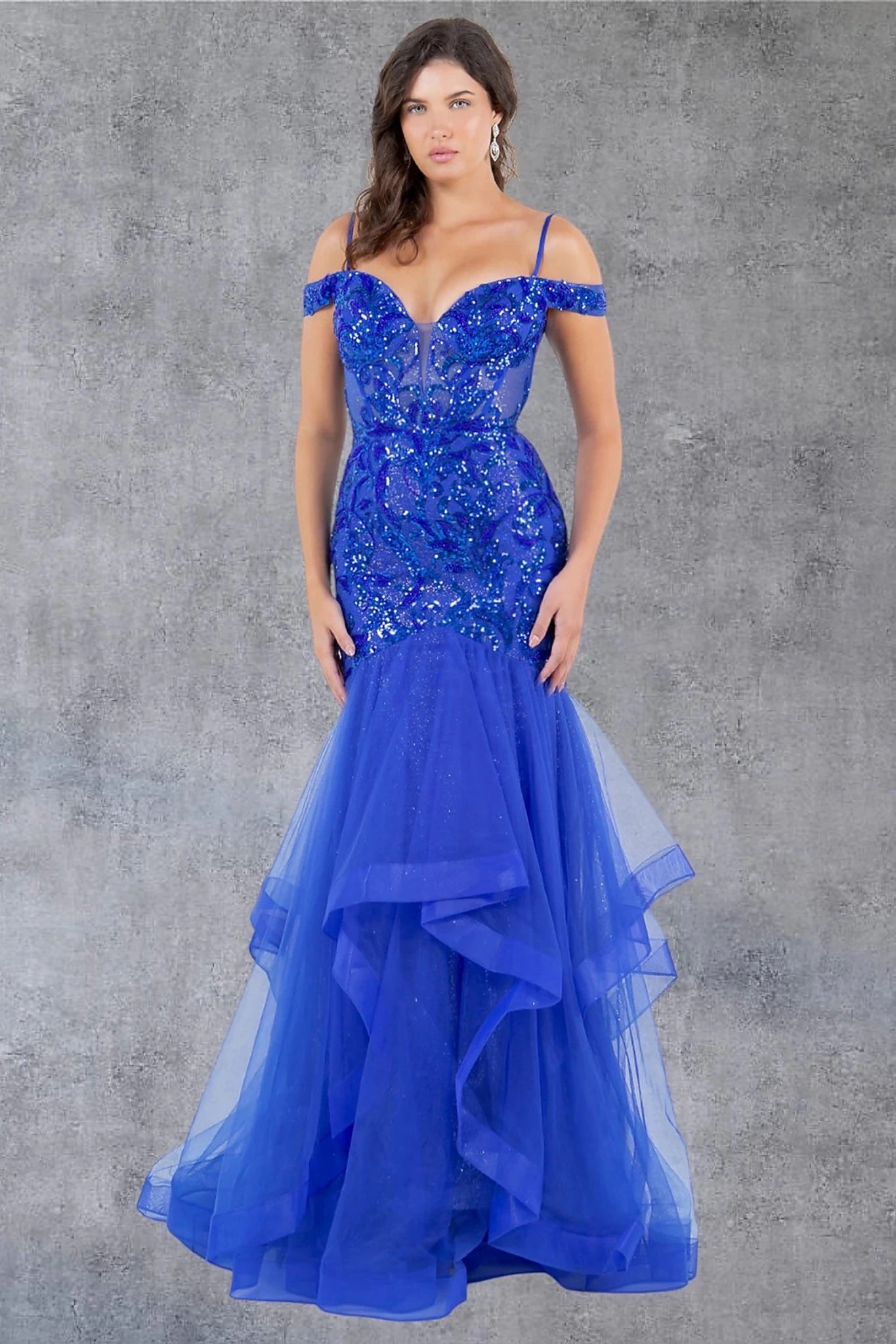 Royal Blue evening dress styled with plunging neckline and sheer illusion mesh