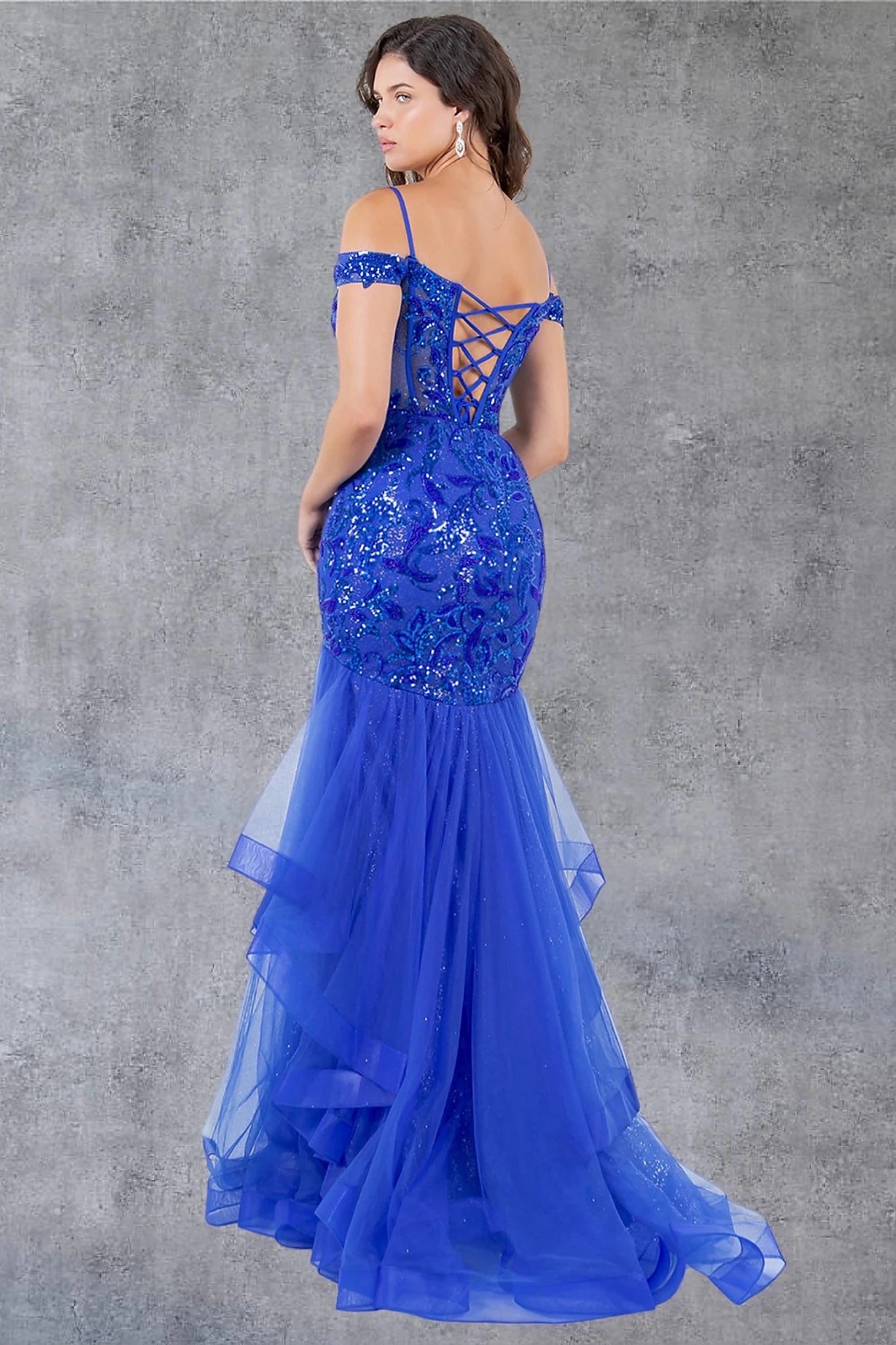 Royal Blue evening dress completed with lace-up back and zipper closure