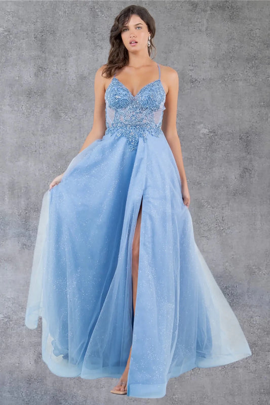 A full-length view of a woman wearing blue formal dress with an open back and strap detail.