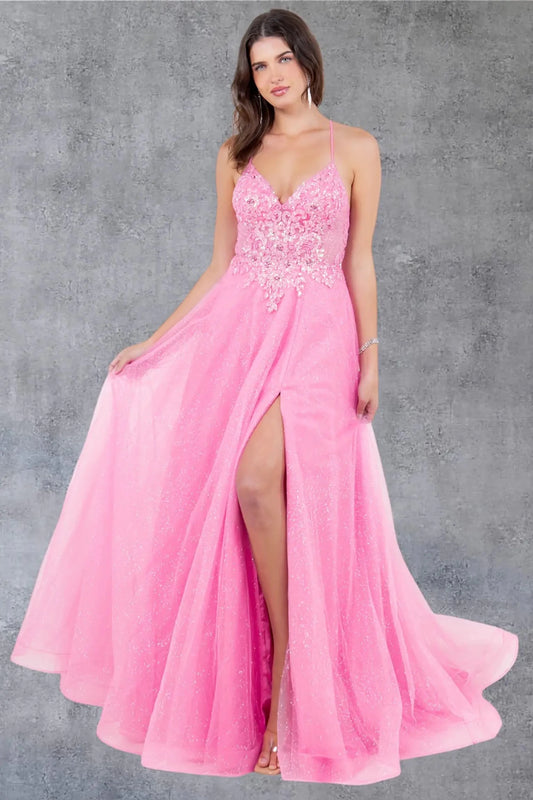 Full front view of a women wearing pink A-line prom dress with lace bodice and glitter fabric.