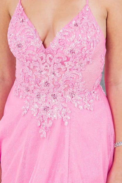 Close-up of pink lace bodice with beadwork detail.