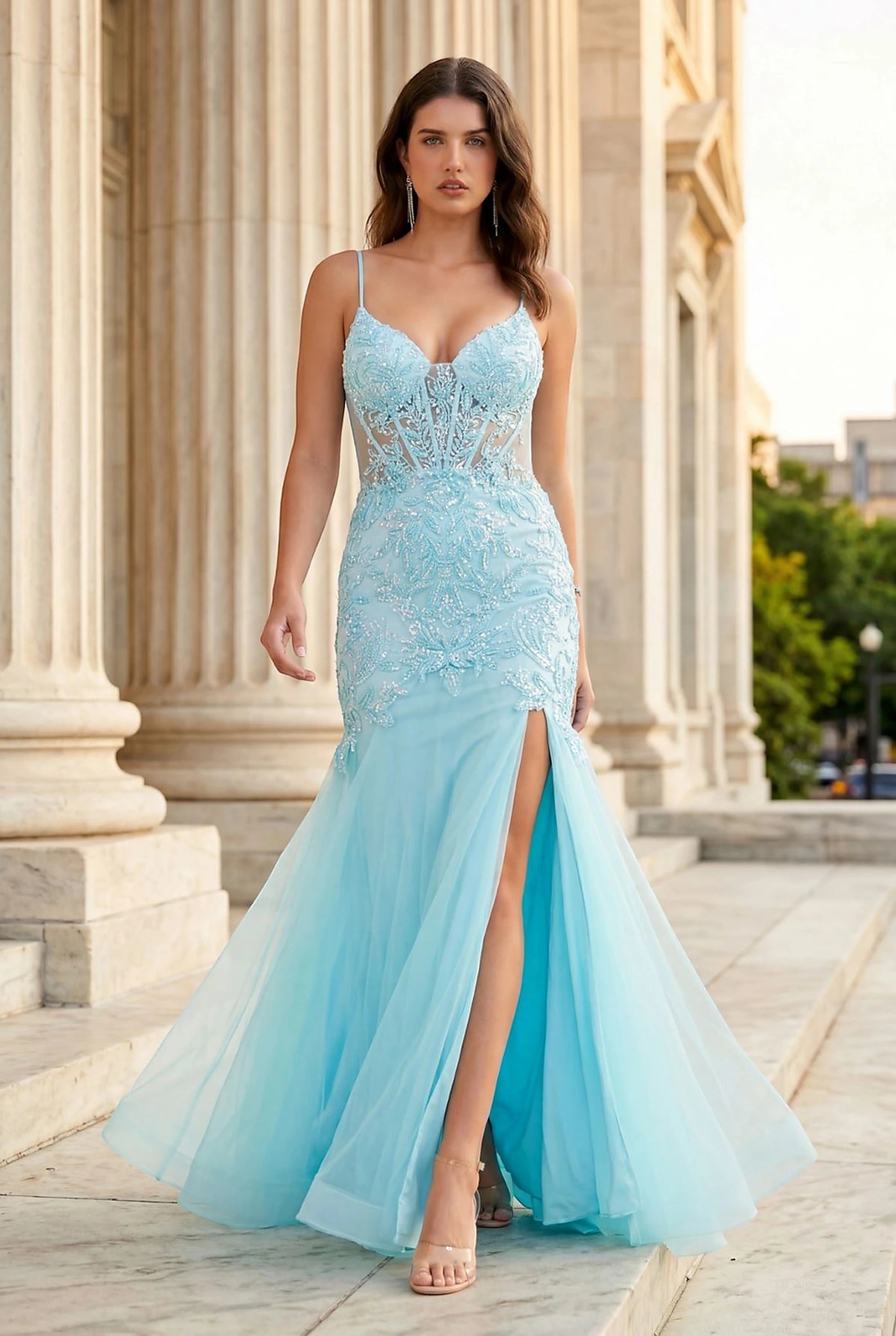 Aqua tulle mermaid prom dress with plunging neckline