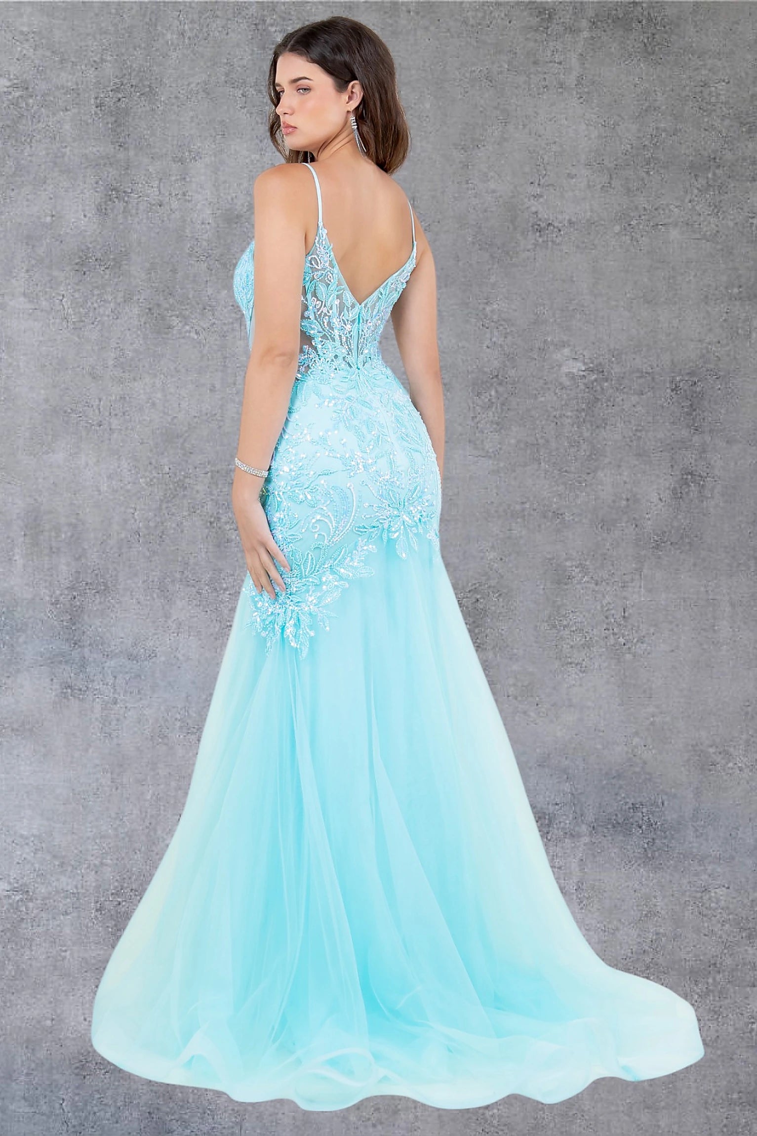 Aqua tulle mermaid prom dress designed with low V-shape back and zipper closure