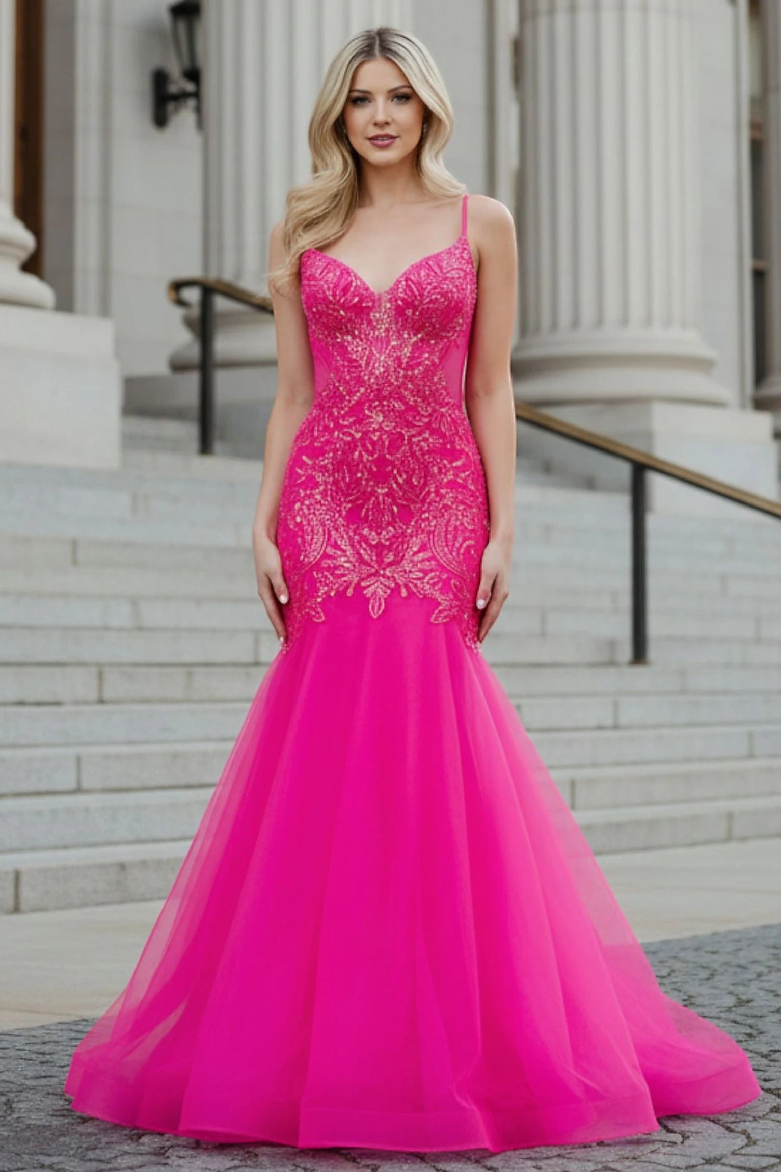 Fuchsia tulle mermaid prom dress with plunging neckline