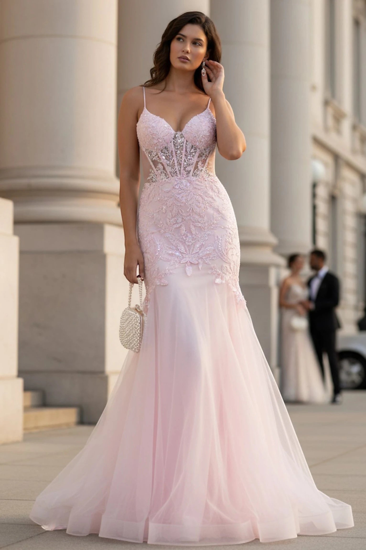 Pink tulle mermaid prom dress with plunging neckline