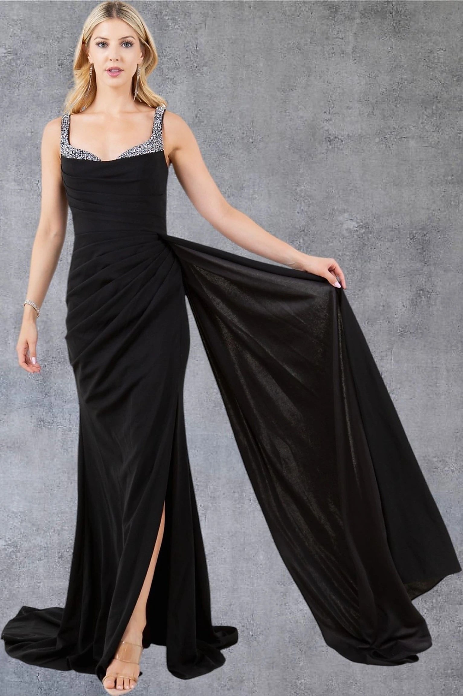 Black evening dress with sweetheart neckline and straps