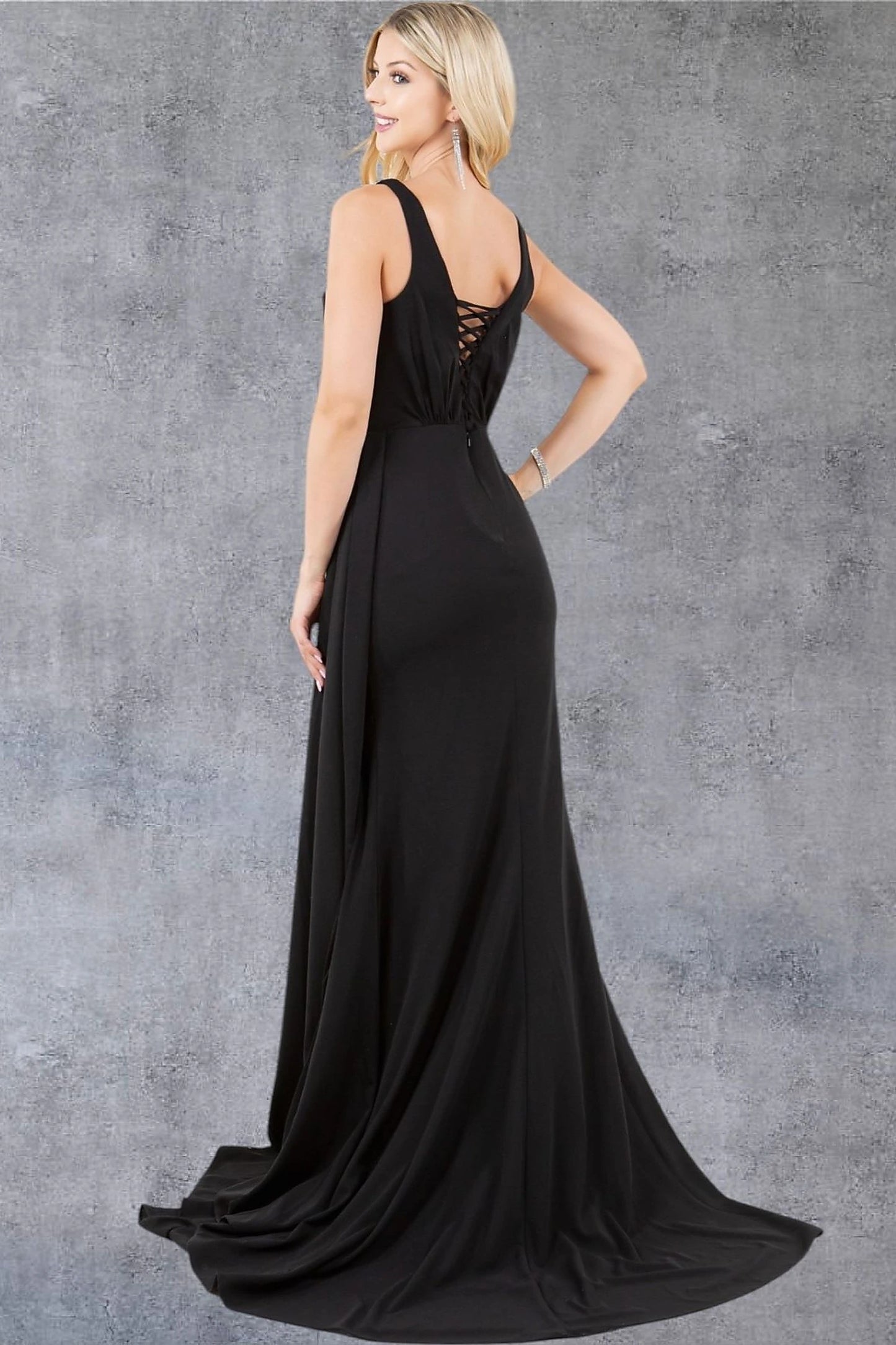Black evening dress designed with corset spaghetti back and zipper closure