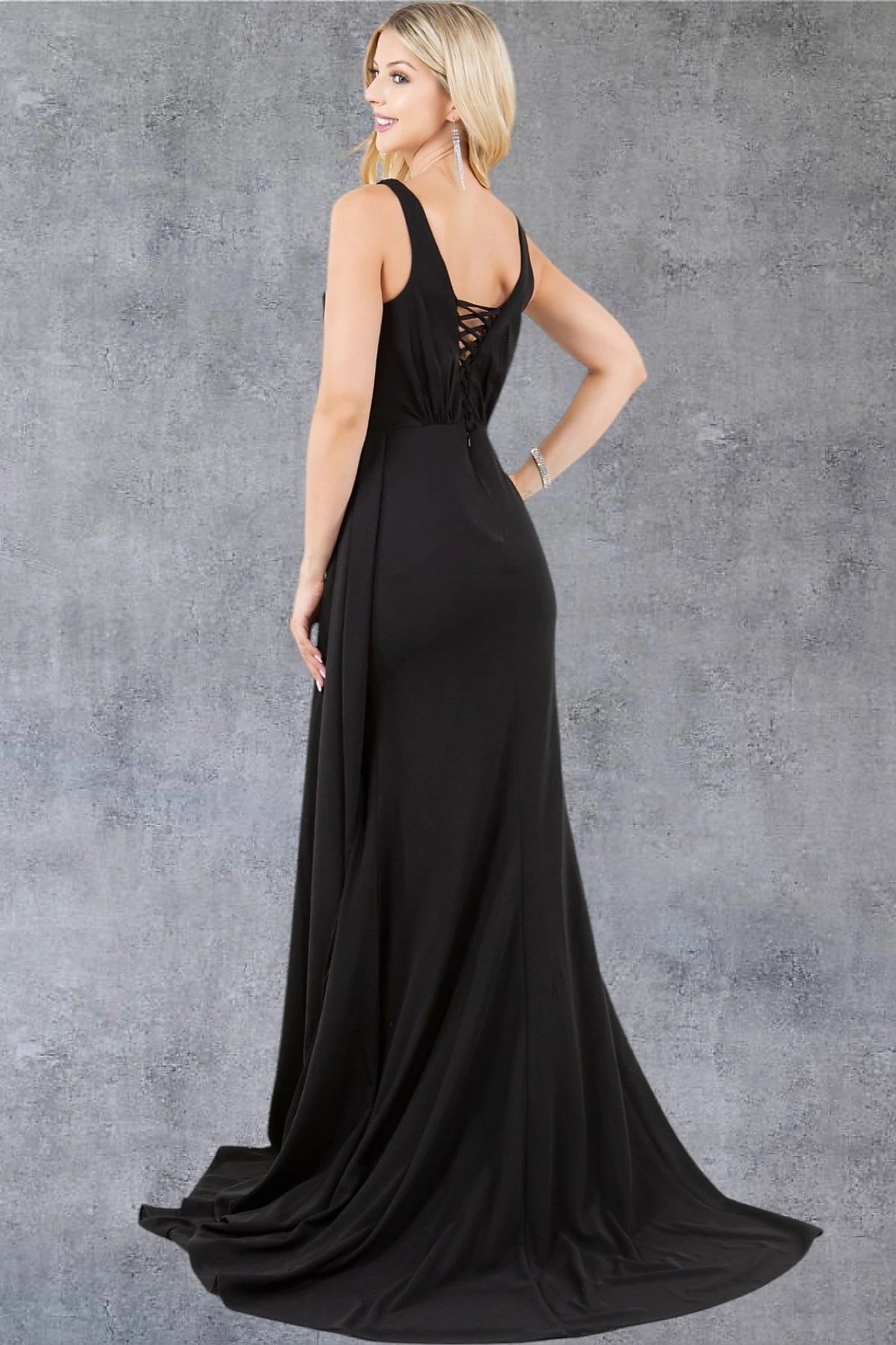 Black evening dress designed with corset spaghetti back and zipper closure
