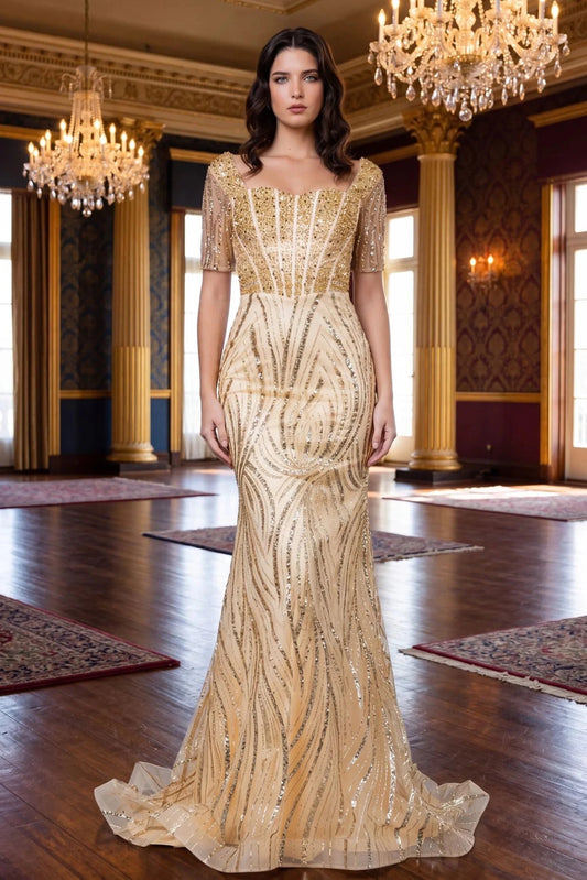 Elegant Champagne mother of the bride mermaid dress shows its floor-length sequin silhouette.