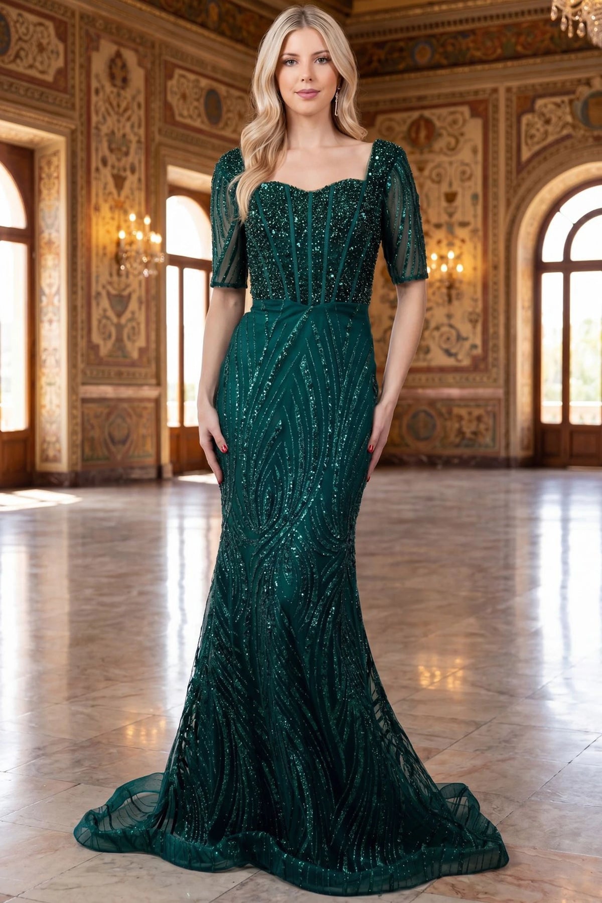 Rich Hunter Green mother of the bride mermaid dress shimmers with flowing wave beadwork.