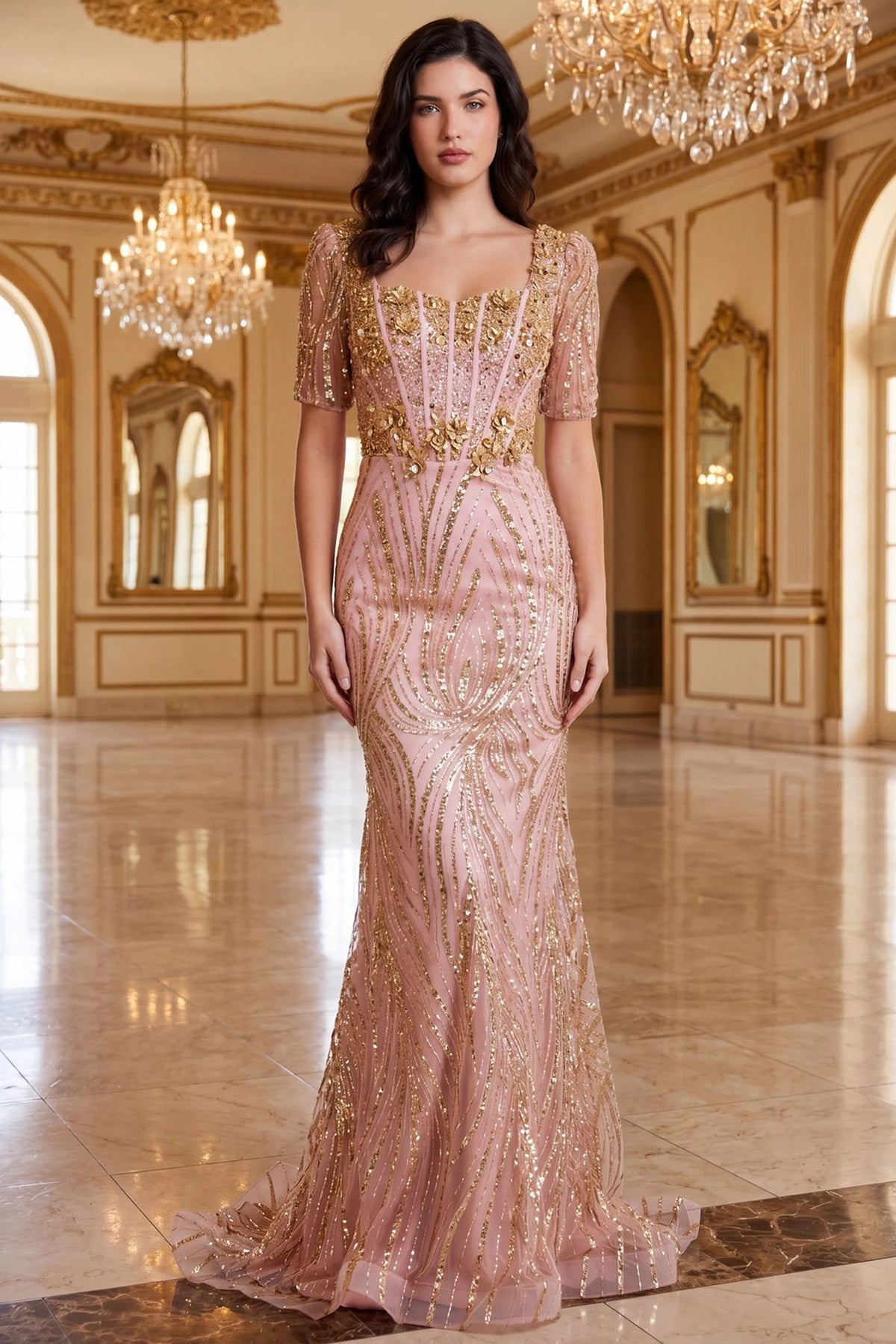Softly gleaming Rose Gold mother of the bride dress displays its floor-length mermaid shape.