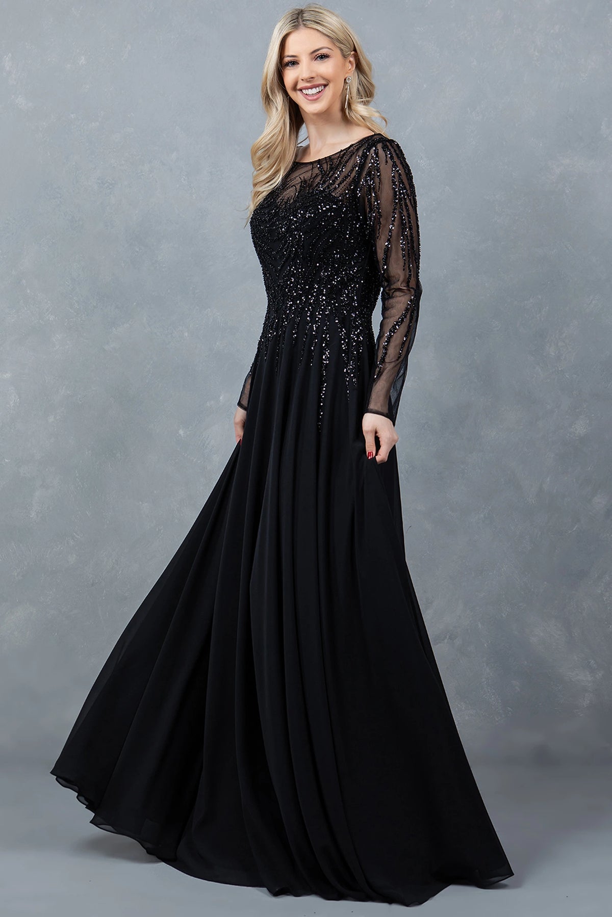 An angled view shows the sparkling illusion bodice on this Black mother of the bride dress.
