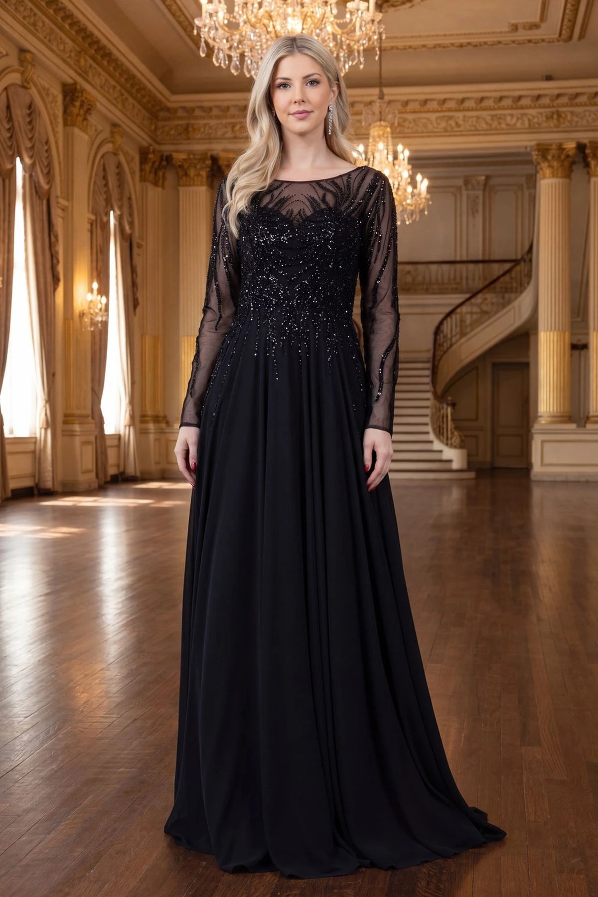 Classic Black mother of the bride A-line dress displays its flowing floor-length silhouette.