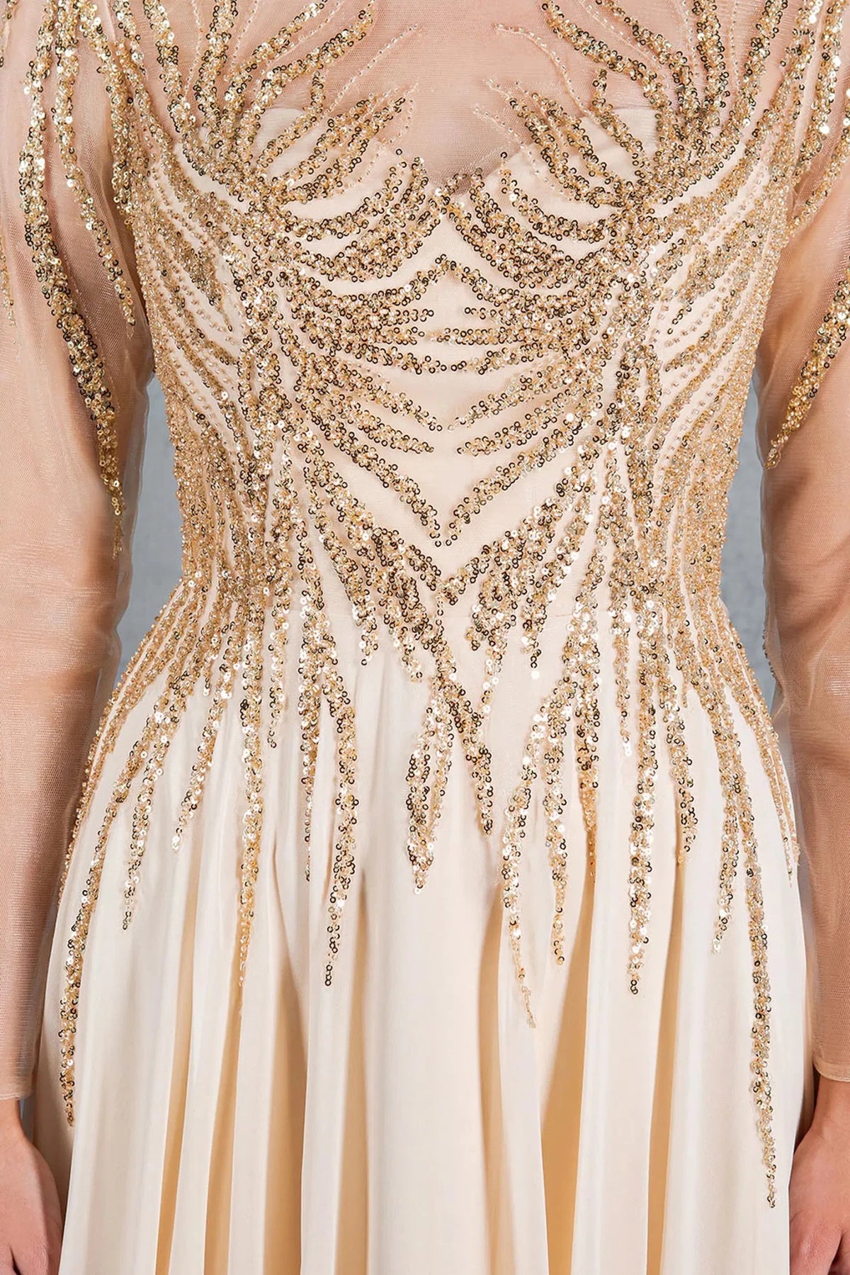 Sparkling sequins cascade over the bodice of this Champagne mother of the bride dress.