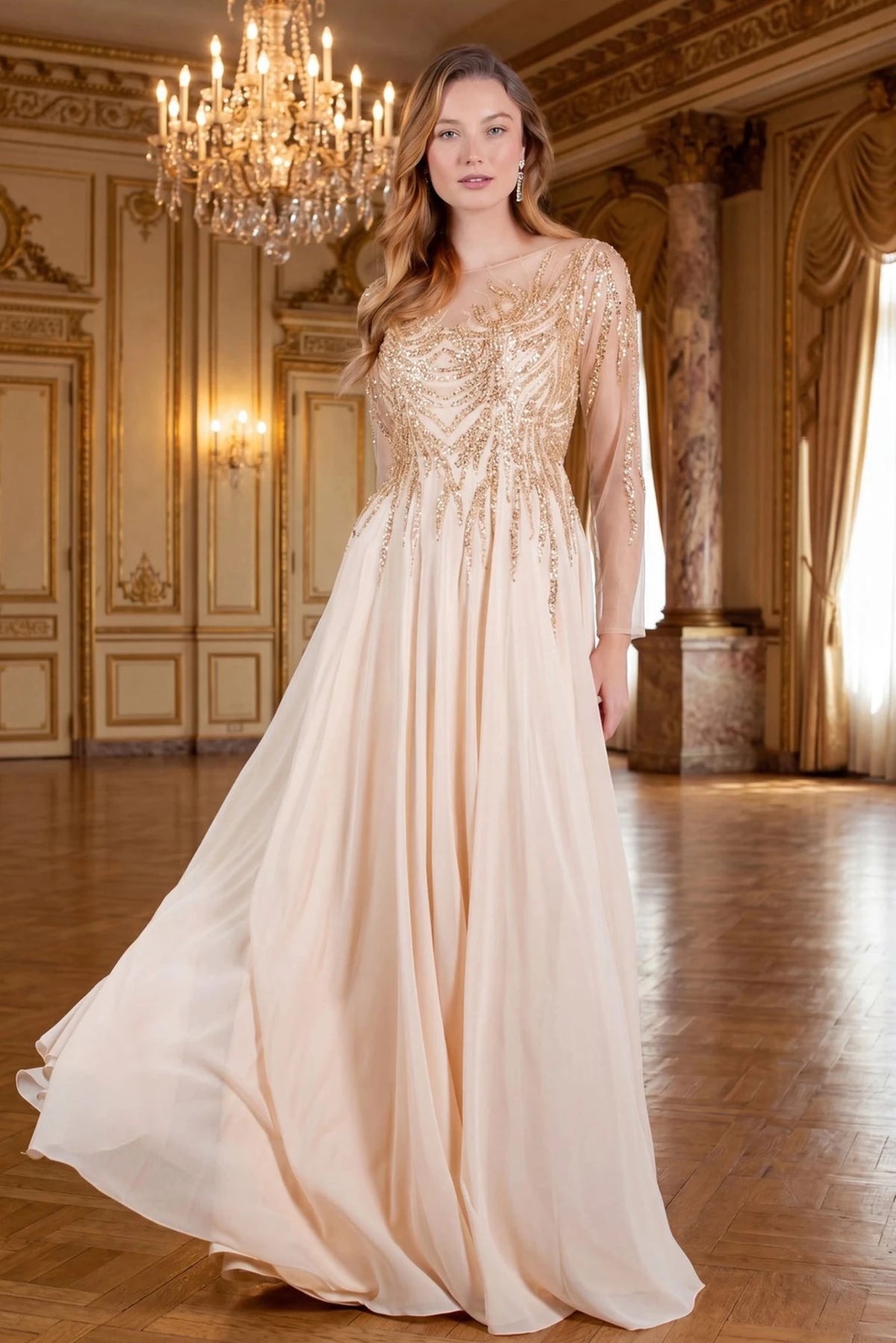 Elegant Champagne mother of the bride A-line dress features long sleeves and a flowing chiffon hem.