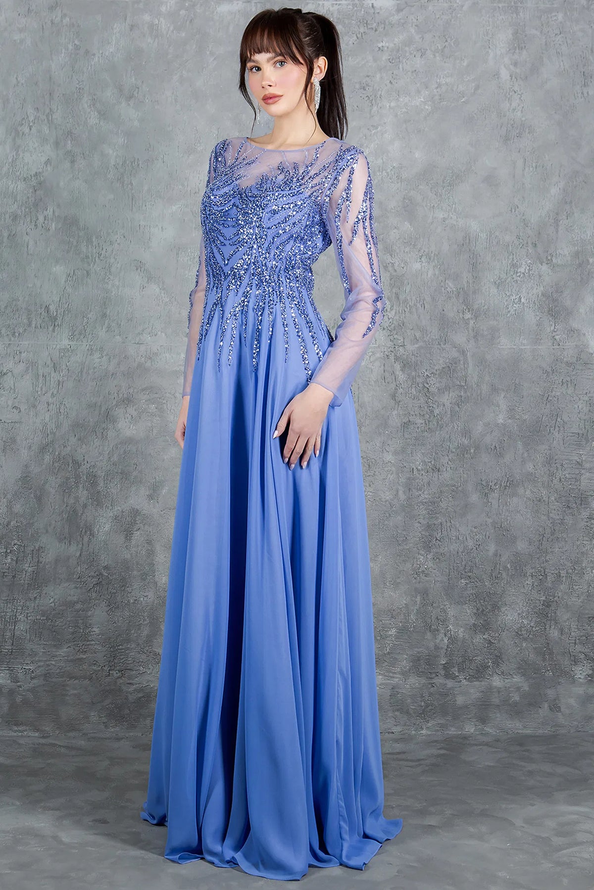 Flowing Dusty Blue chiffon mother of the bride A-line dress features long sheer embellished sleeves.