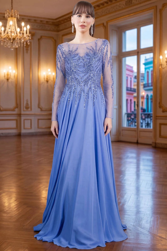 Polished Dusty Blue mother of the bride dress displays its full floor-length A-line shape.