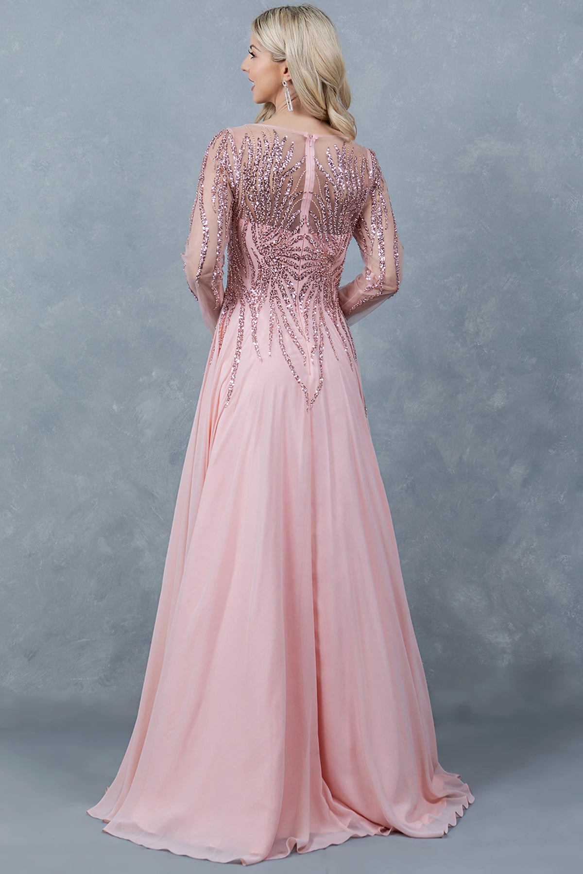 Back beadwork gives the Rose Gold mother of the bride dress an elegant sheer zipper finish.