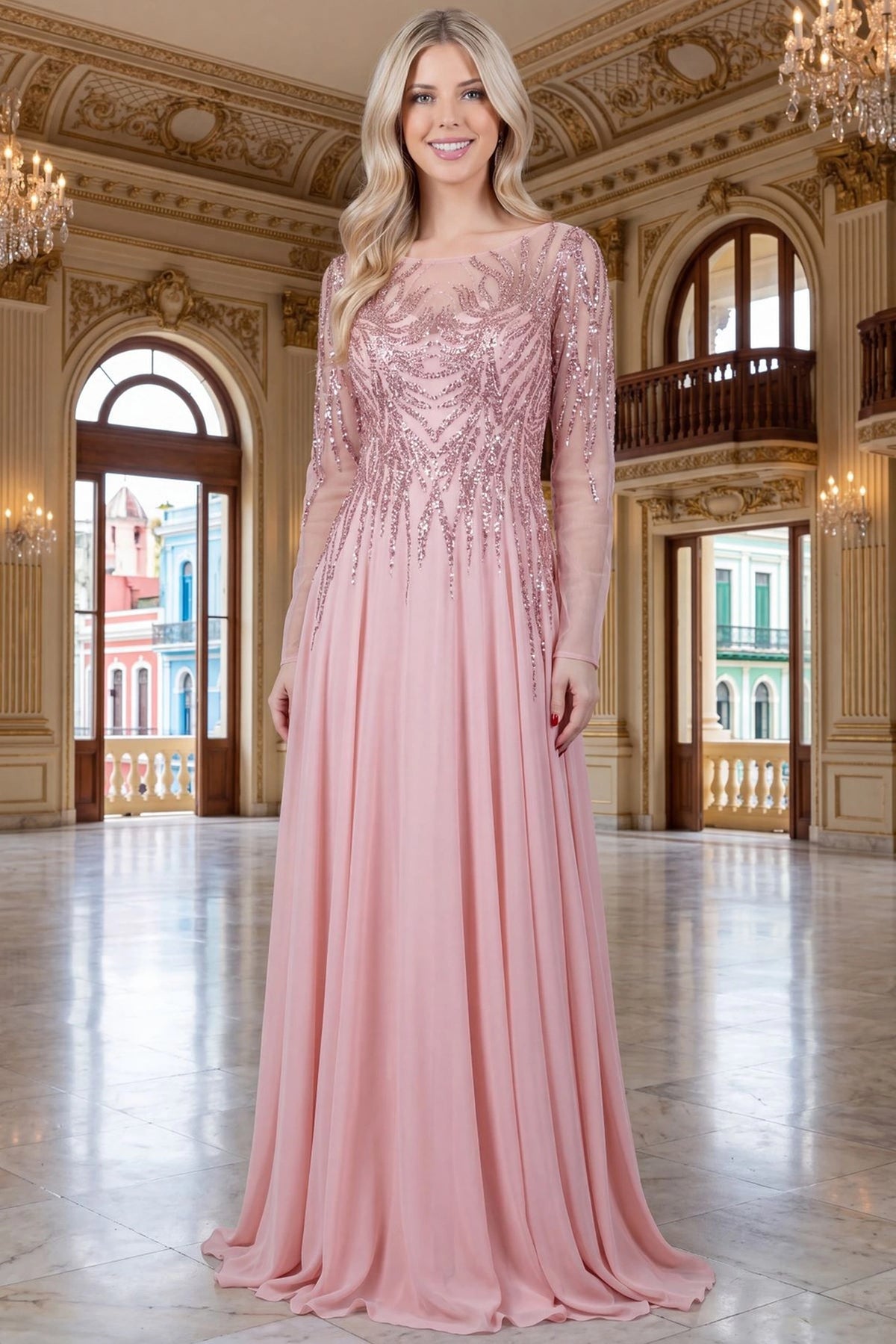 Softly draped Rose Gold mother of the bride dress shows its flowing chiffon silhouette.