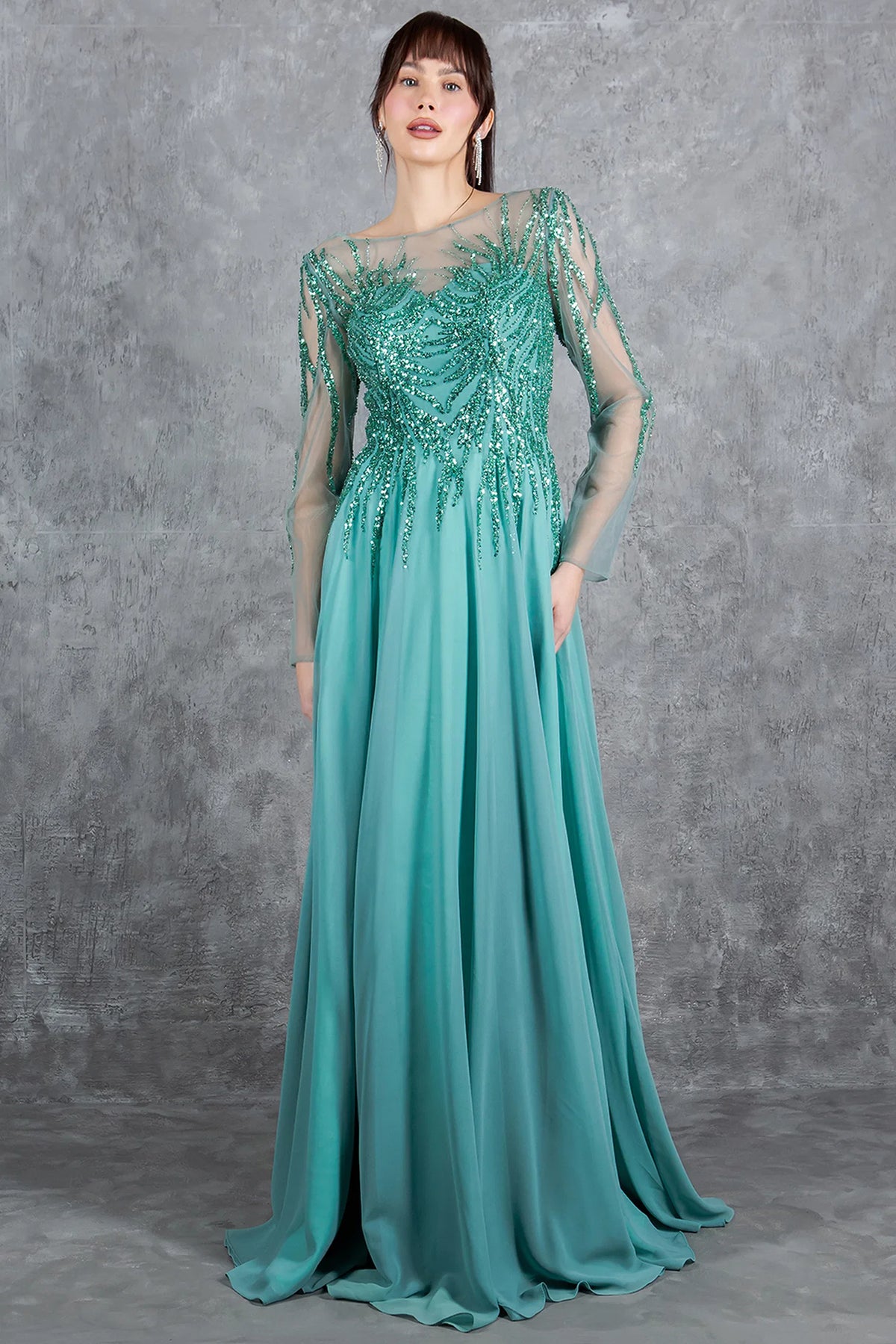 Fresh Sage chiffon mother of the bride A-line dress features long sheer sleeves and beadwork.