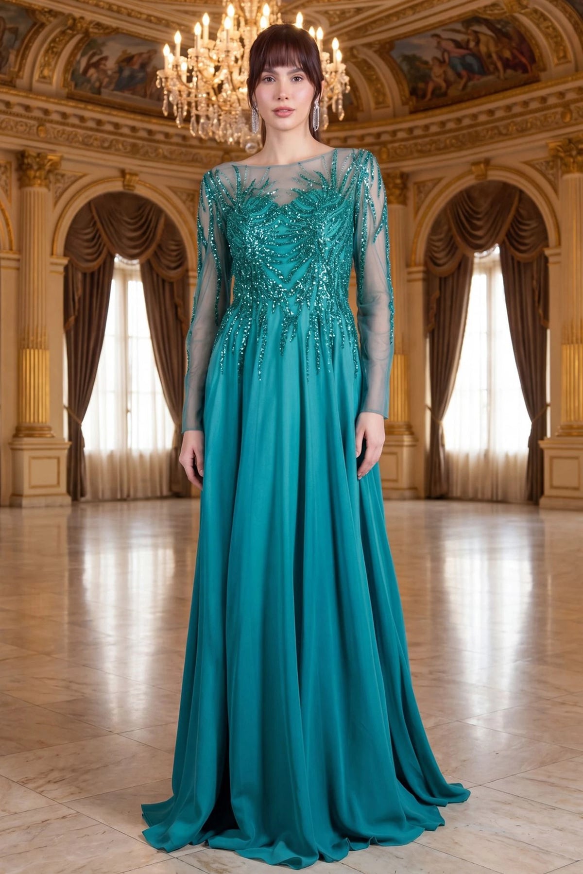 Refined Sage mother of the bride A-line dress shows its full embellished formal silhouette.