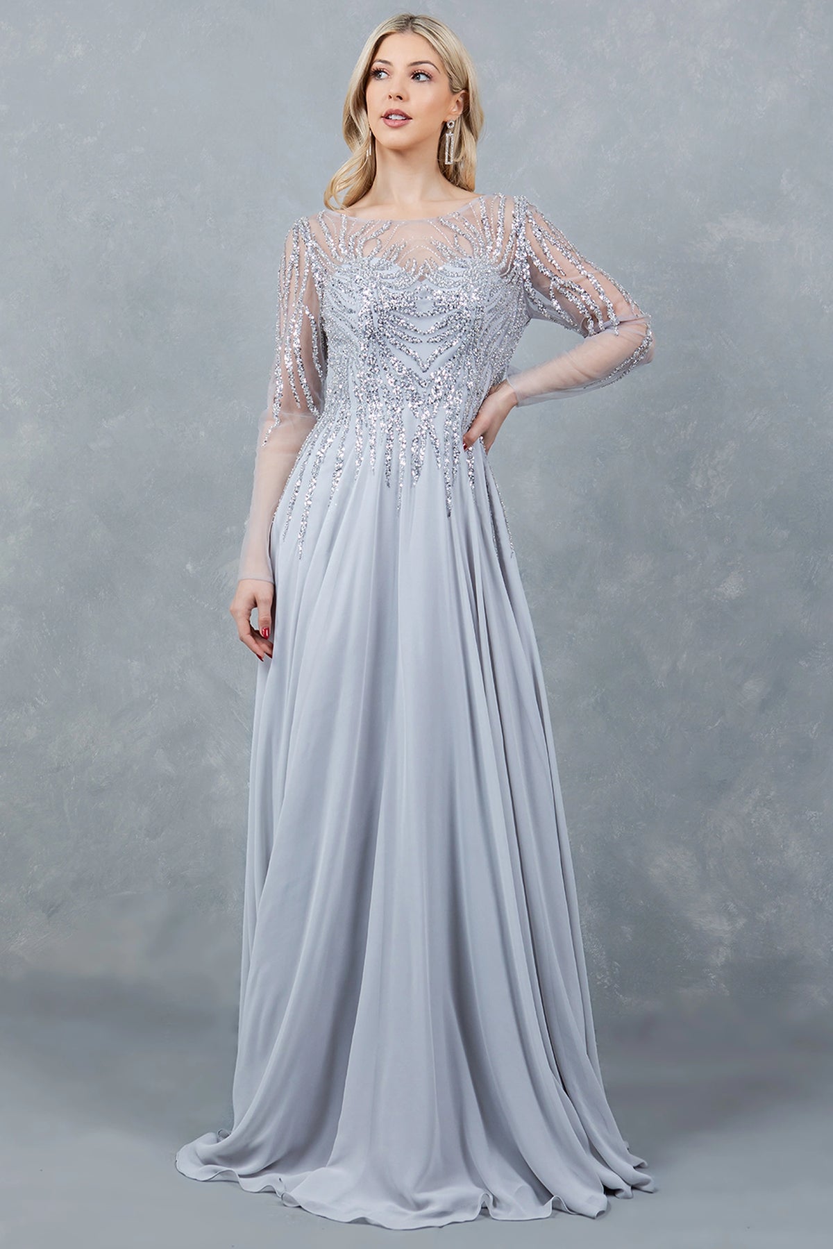 Shimmering Silver chiffon mother of the bride A-line dress features long sheer beaded sleeves.