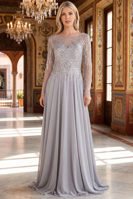 Sophisticated Silver mother of the bride A-line dress presents its flowing floor-length profile.