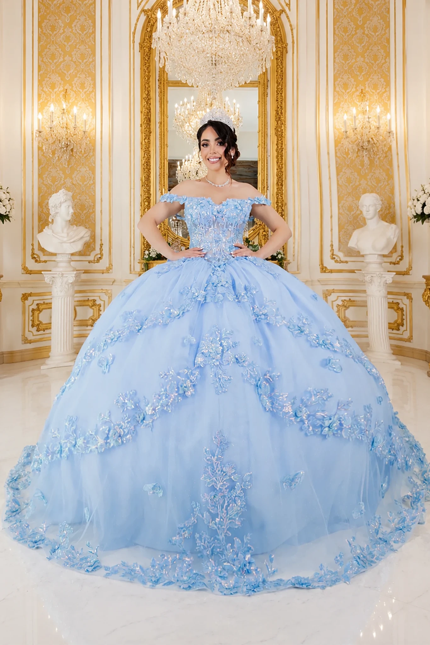 voluminous light blue quinceanera ball gown with floral lace appliqué