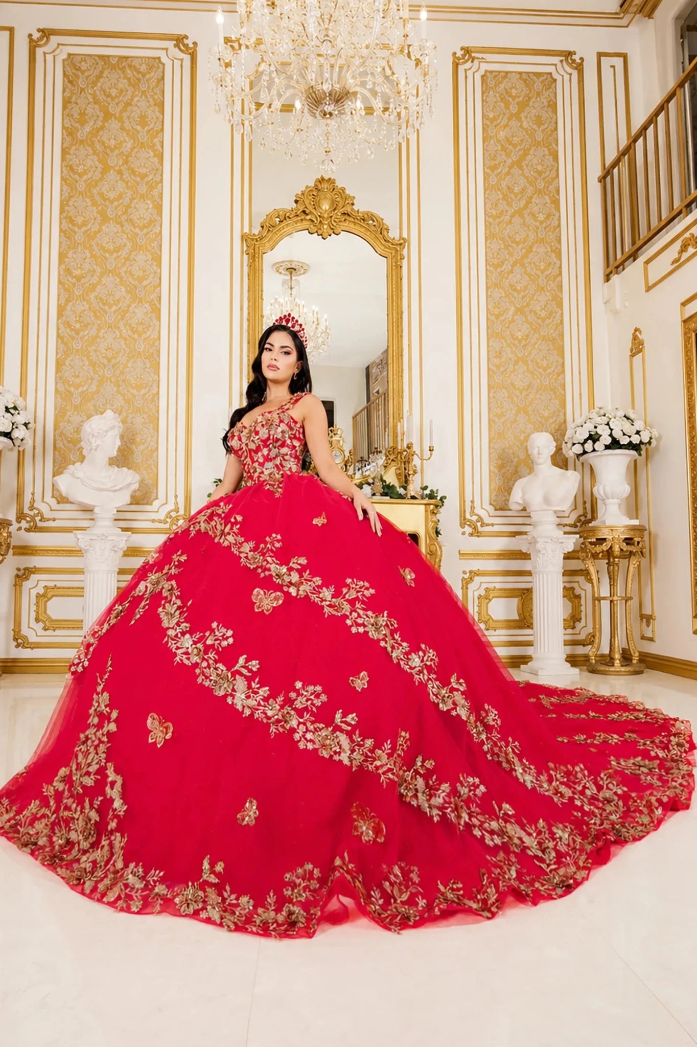 red quinceanera dress with gold embroidery 
