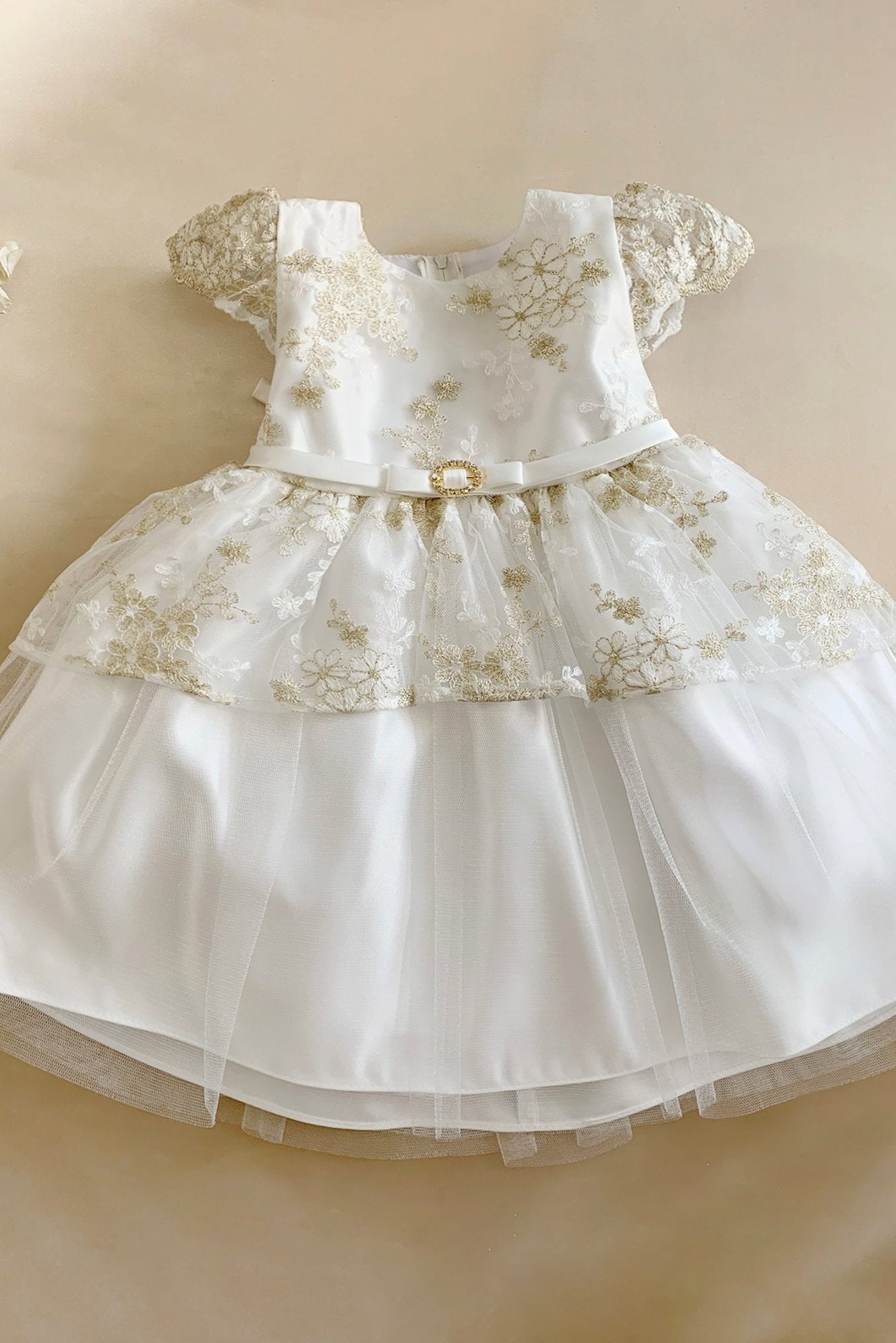 Front view of white Baby Off White Floral Lace Peplum Satin Tulle flower girl dress. Also suitable as a communion dress. Also suitable as a baptism dress.