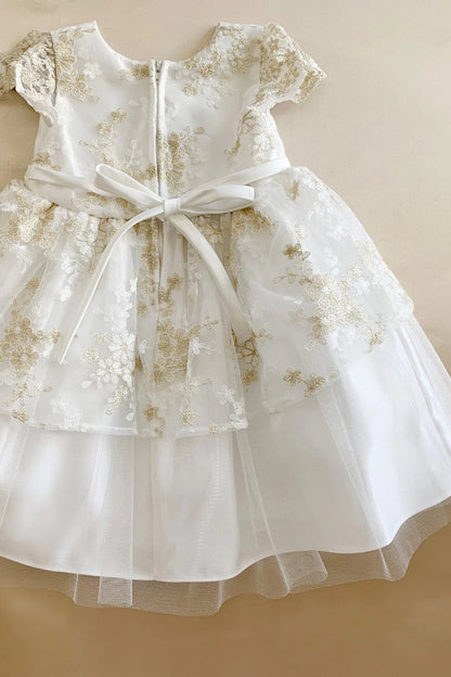 Decorative elements define Baby Off-White floral flower girl dress.