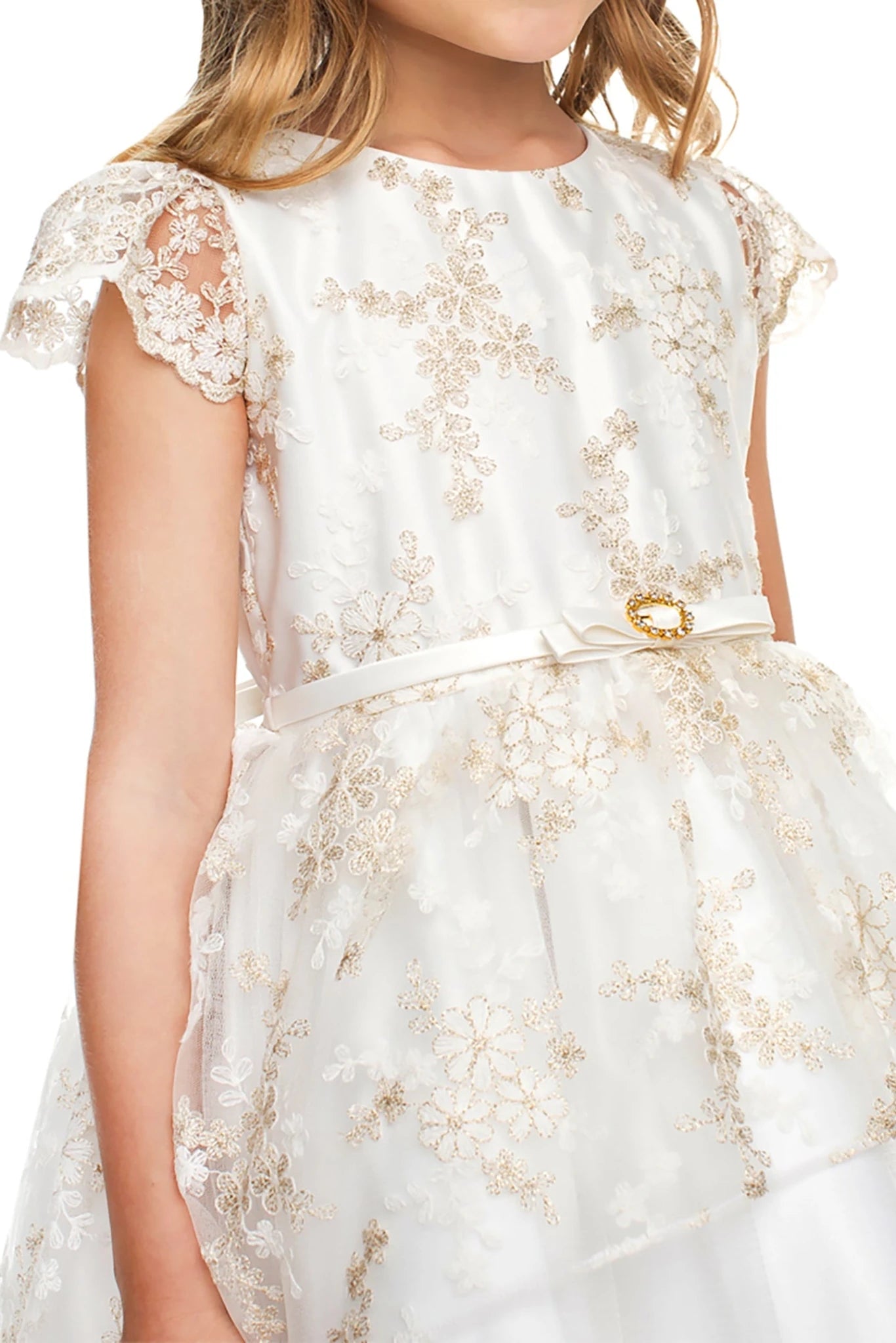 White flower girl dress with gold lace details. Also suitable as a communion dress. Also suitable as a baptism dress.