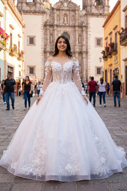 Front view of an off-white quinceanera dress with sweetheart neckline, lace appliques, beadwork bodice, sheer sleeves, and sweeping train