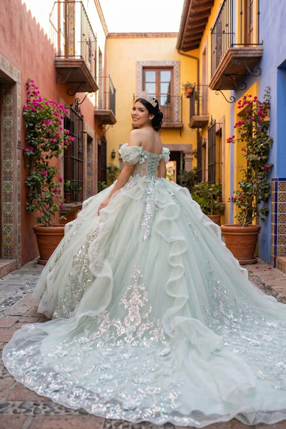 Woman in a light green, sparkly quinceanera dress with long train