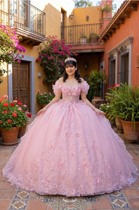 Shown in a front view, the Blush quinceañera dress has off-shoulder floral bodice and full glitter skirt.