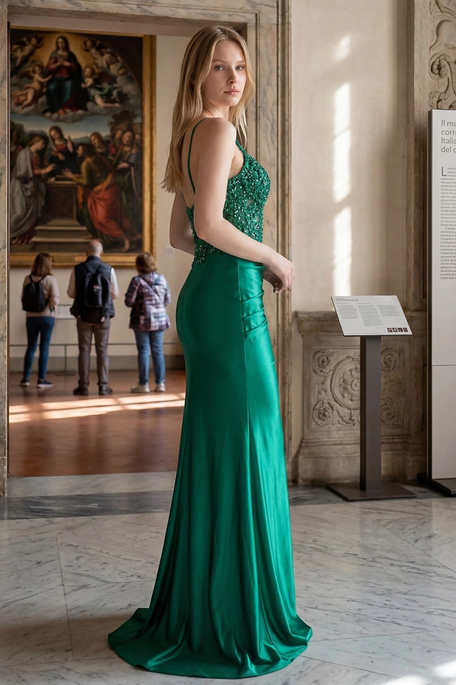 Emerald green prom dress completed with subtle train for movement