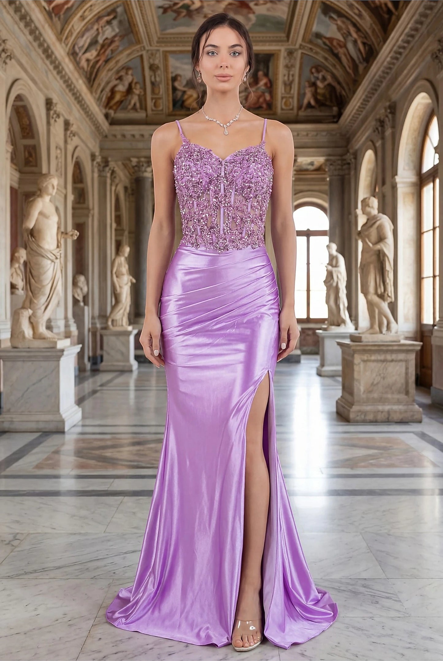 Lilac prom dress with sweetheart neckline and spaghetti straps