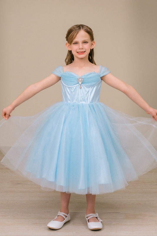 A blue Off-Shoulder Tulle flower girl dress.