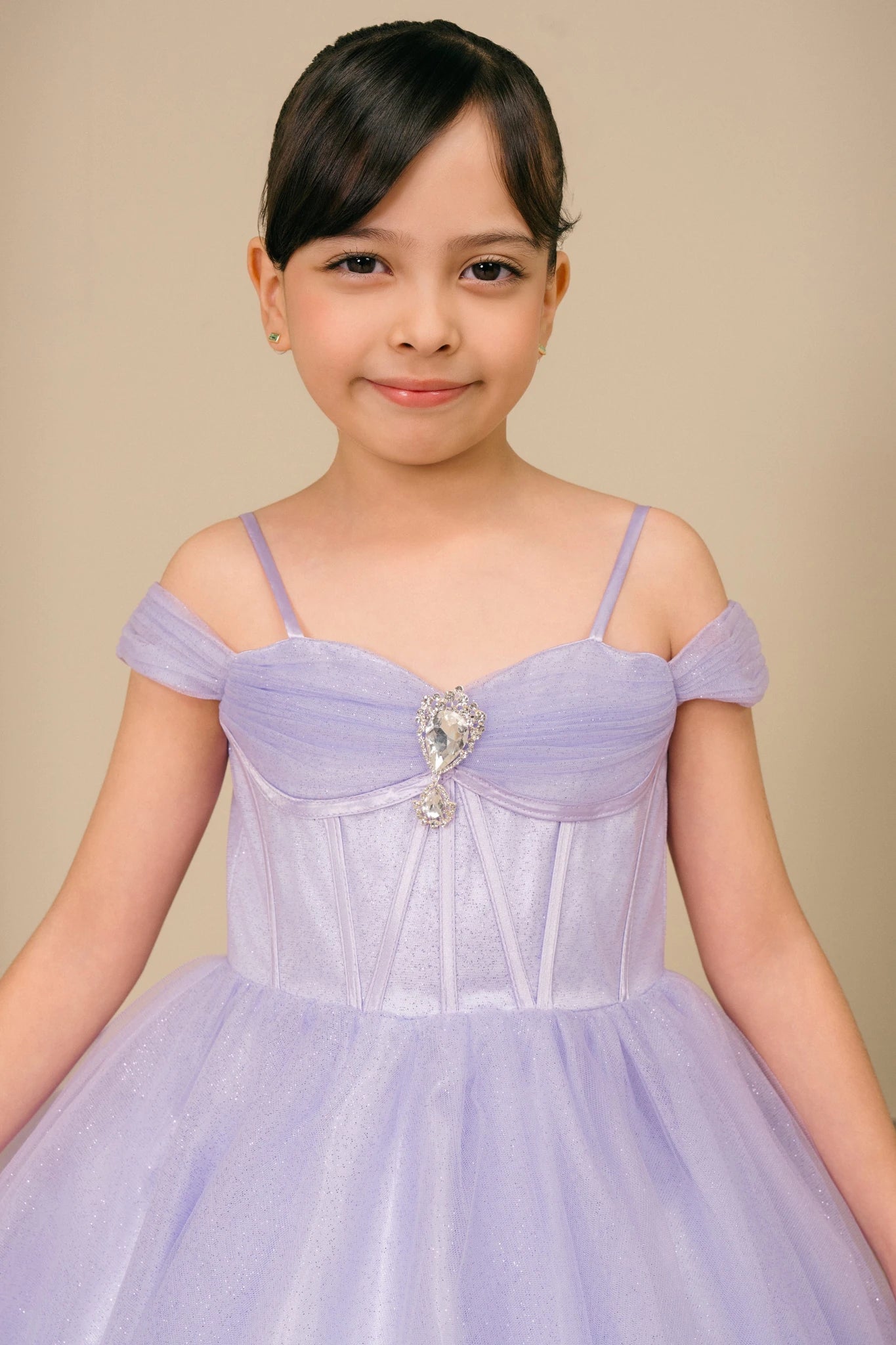 A lilac Off-Shoulder Tulle flower girl dress.