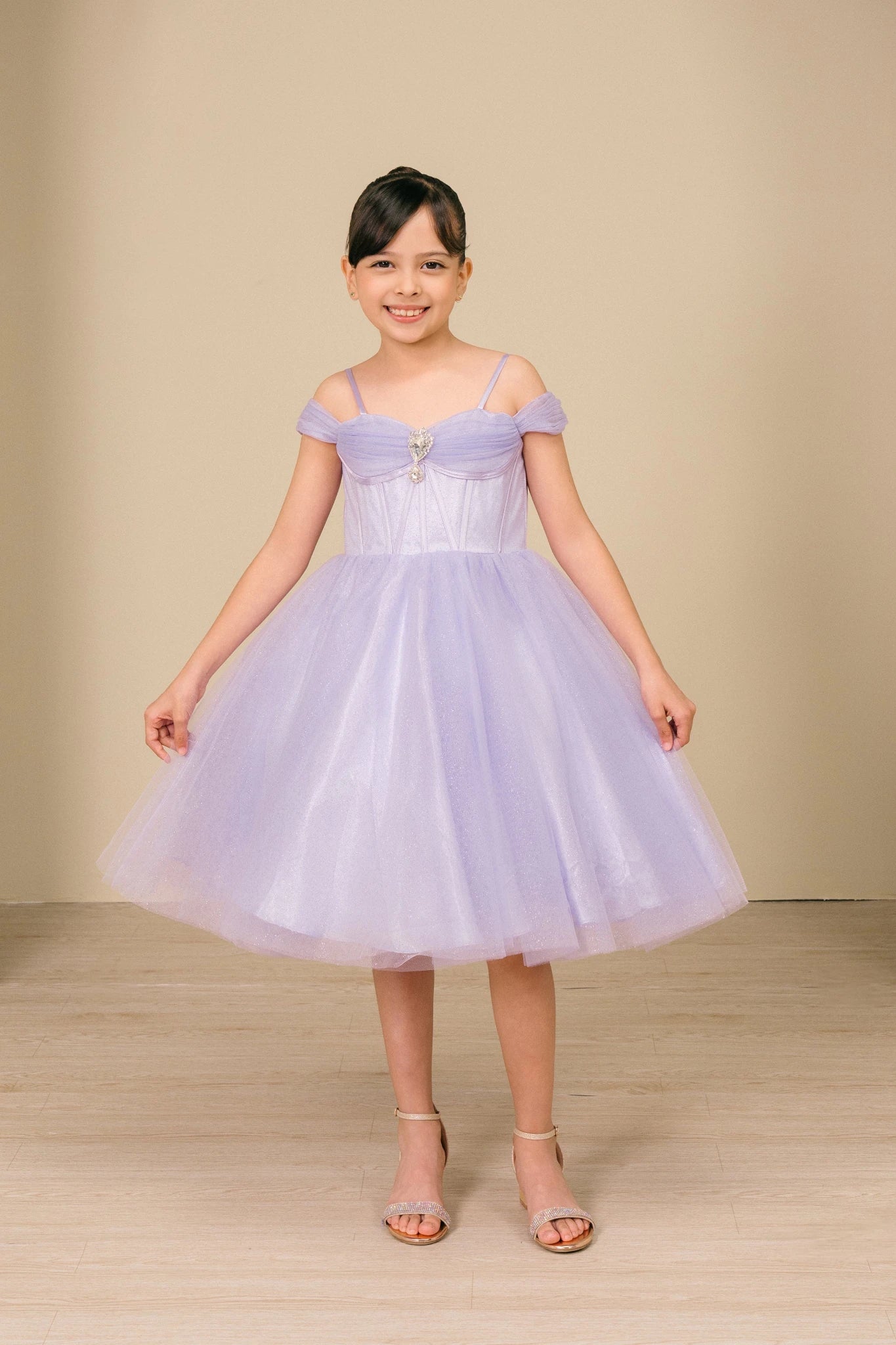 A lilac Off-Shoulder Tulle flower girl dress and.