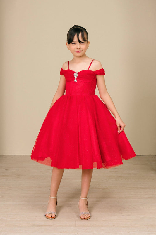Kids’ Red Off - Shoulder Tulle flower girl dress with Center Rhinestone and Lace - up back | Birthday Princess Party.