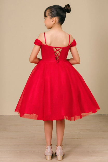 Shown in a back view, the Red girls formal dress has off-shoulder bands and lace-up closure above the flared skirt.